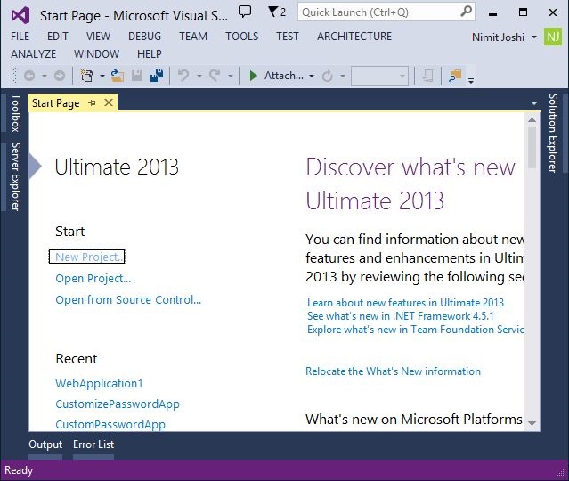 Visual Studio 2013 Start Page